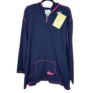 The Quacker Factory Full Zip Hooded Top Navy Whale Beachy Coastal Size 3X
